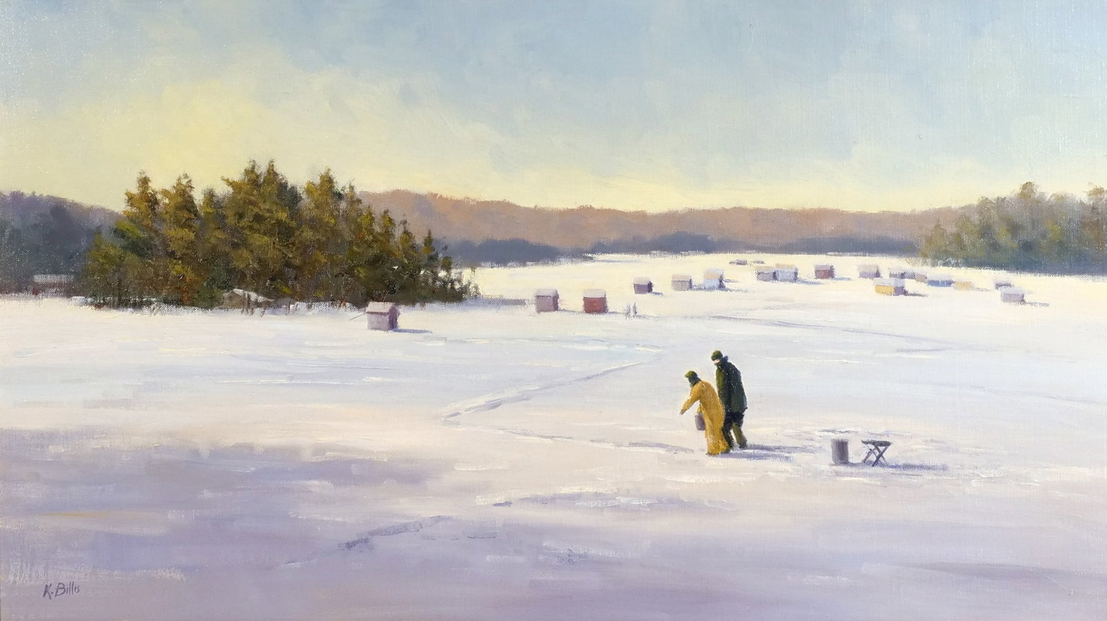 KATHLEEN BILLIS (American, 21st Century): Ice fishing, 1996 Oil on board h. 16 w. 28 in. Signed lower left, framed, inscribed on verso overall: 20-1/2 x 30-1/2 in. (frame) Provenance: From the collection of a prominent NY doctor [In Situ Item