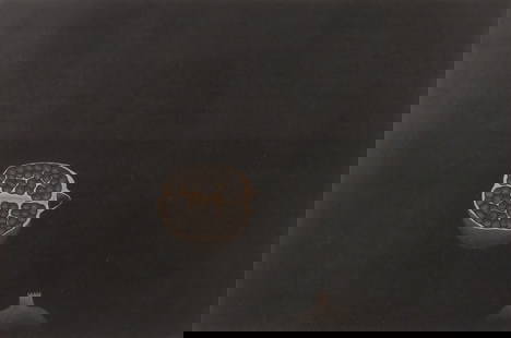 (2pc) YOZO HAMAGUCHI (Japanese, 1909-2000): h. 13 w. 18-1/2 in. (sight) "Pomegranates" pencil-signed mezzotint, edition 3/50; plus an etching by Jean-Michel Folon (Belgium, 1934-2005), depicting a whimsical city scene of businessmen reading new