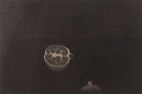 (2pc) YOZO HAMAGUCHI (Japanese, 1909-2000): h. 13 w. 18-1/2 in. (sight) "Pomegranates" pencil-signed mezzotint, edition 3/50; plus an etching by Jean-Michel Folon (Belgium, 1934-2005), depicting a whimsical city scene of businessmen reading new