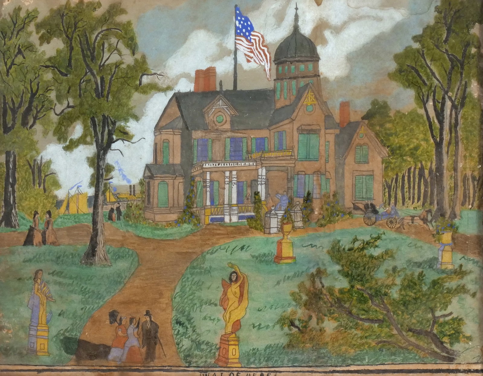 AMERICAN PRIMITIVE, 19th century: Waldemere Mixed media on paper h. 14-1/2 w. 18-1/2 in. (sight) With inscription lower margin "Waldemere", no apparent signature, appears to retain original frame overall: 16-3/4 x 20-3/4 in. (frame) P