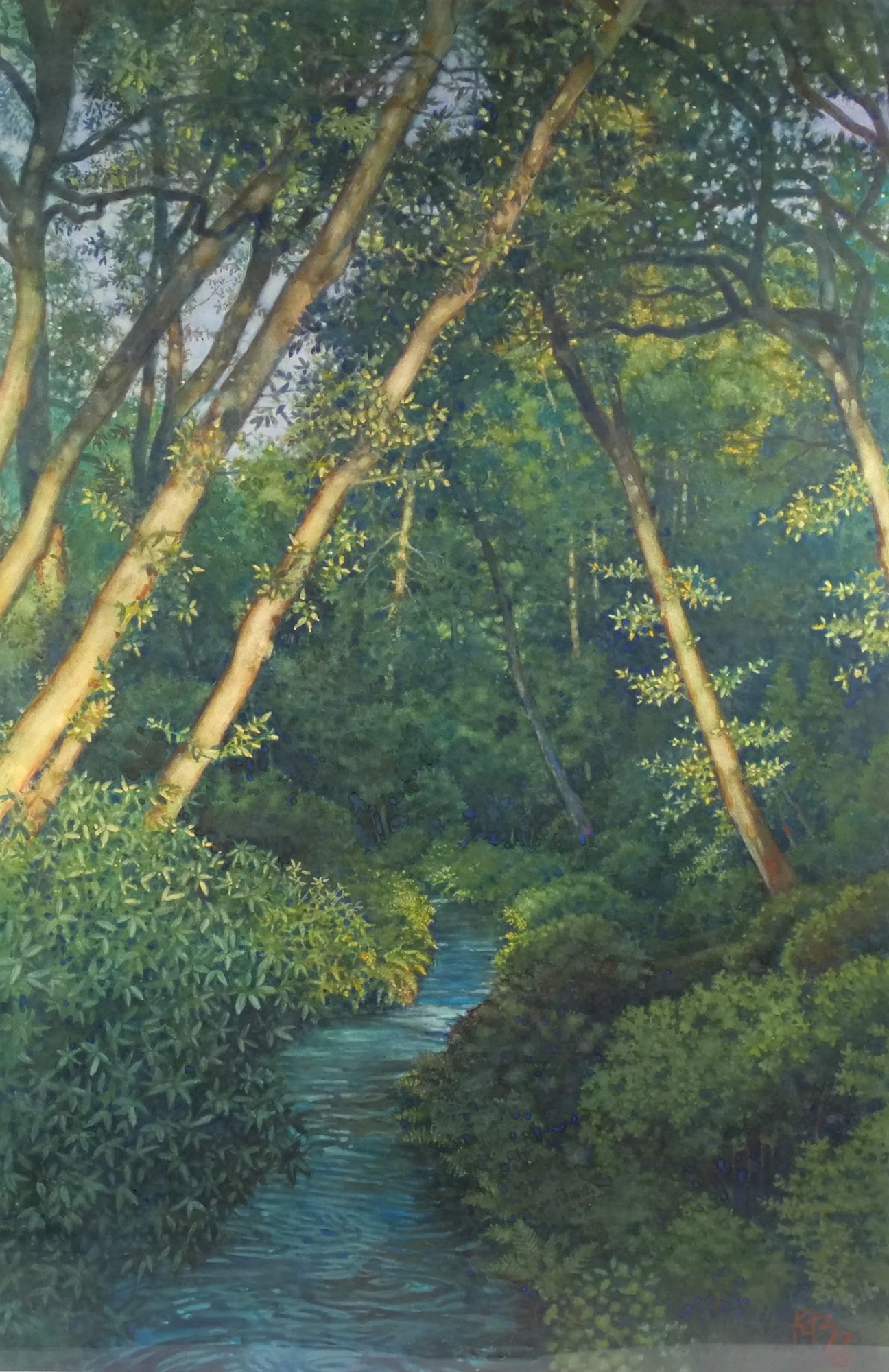 DAVID MARTIN KREITZER (American, b. 1942): Forest landscape Watercolor on paper h. 60 w. 40 in. Signed with initials and dated '86 lower right overall: 64 x 44 in. (frame) Provenance: Descent through a Greenwich, CT estate [In Situ Item] This