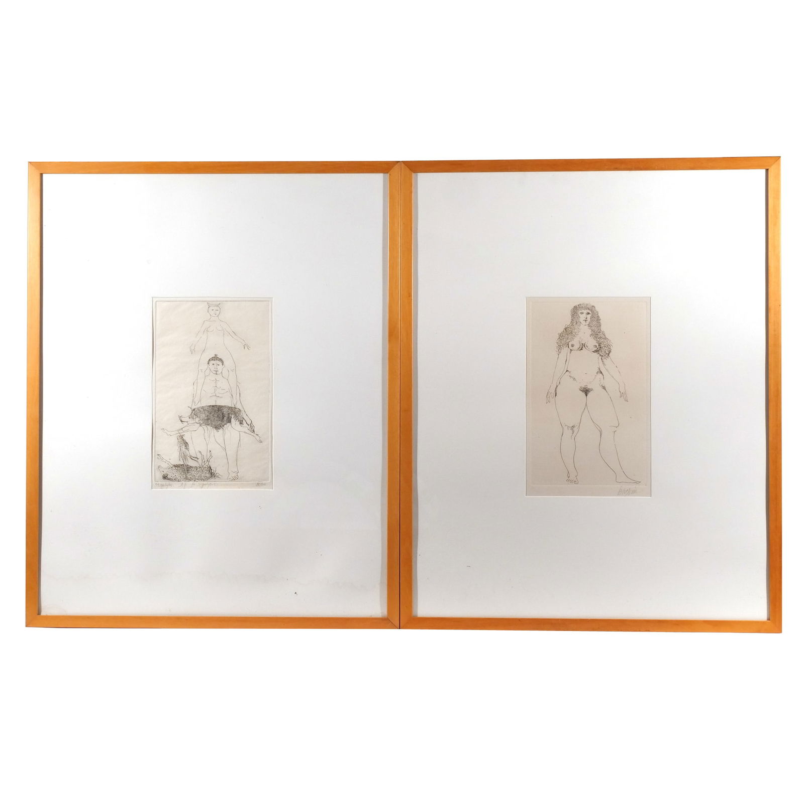 (2pc) LEONARD BASKIN (American, 1922-2000): Two etchings, including "Hippolytus / A.P. for Hippolytus" signed lower right; and a nude figure of a woman, signed lower right h. 12.5 w. 8 in. (ea. sight) overall: 30-1/2 x 24 in. (ea. frame) Proven