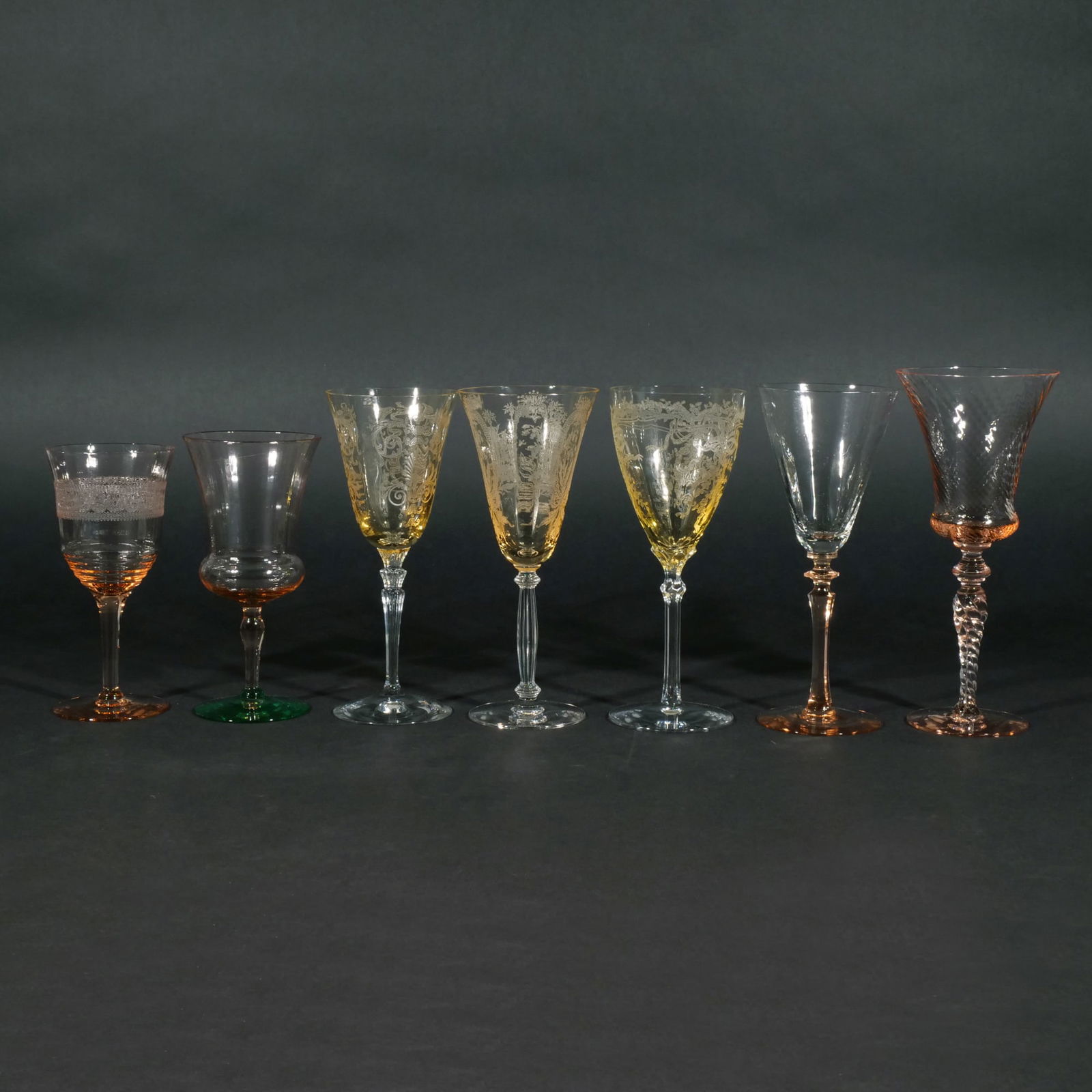 (50pc) MISC. ETCHED COLORED CRYSTAL STEMWARE (1 of 8)