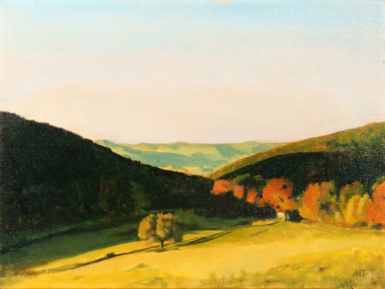 TONY THOMPSON (American, 20th Century): High Valley, North, 1998 Oil on linen h. 12 w. 16 in. Mountainous landscape in autumn, signed with initials "AHT" lower right, with Sound Shore Gallery label on verso overall: 13 x 17 in. (frame) Prov