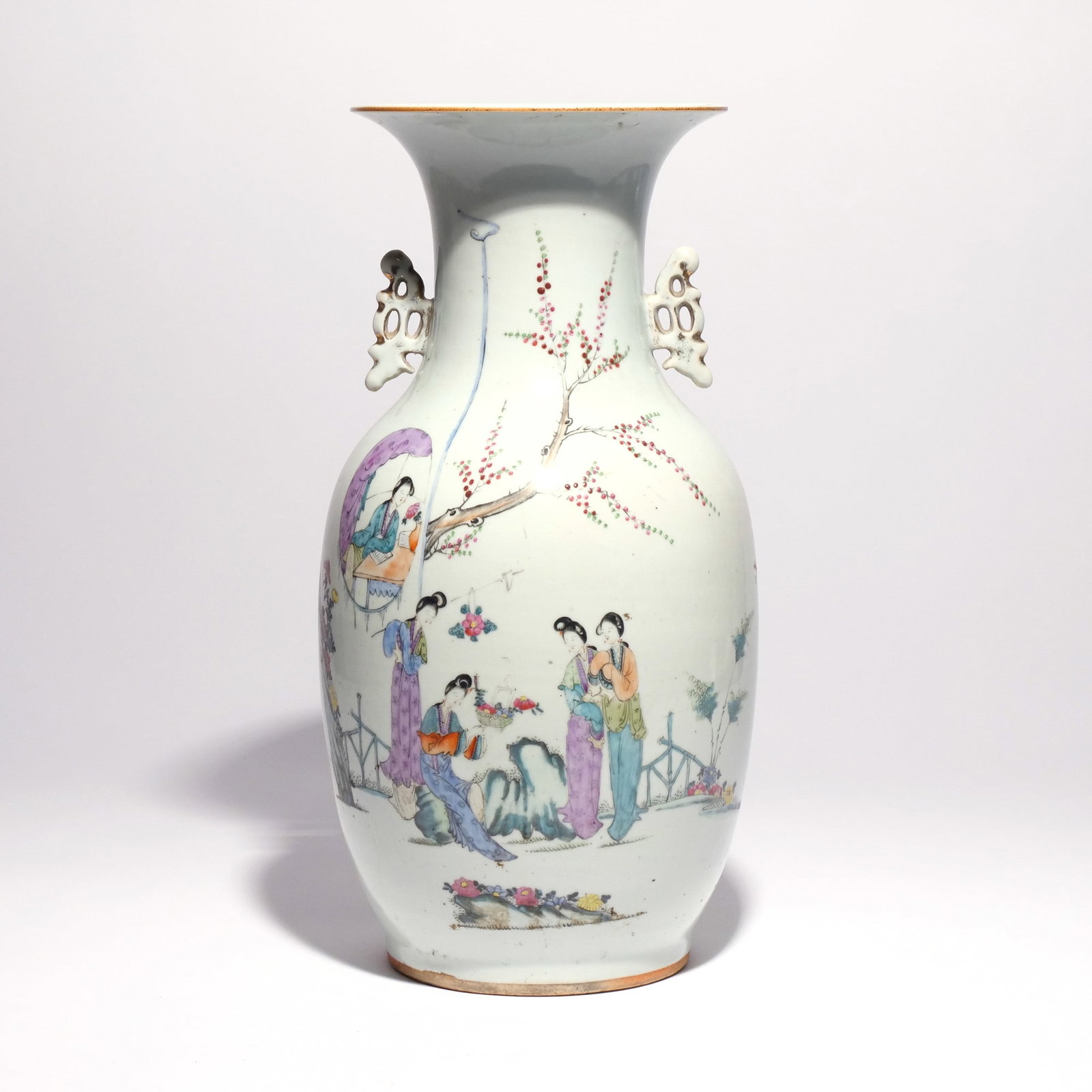 CHINESE FAMILLE ROSE PORCELAIN BALUSTER VASE: Late 19th / early 20th century, decorated with calligraphy on one side, and figures in a garden on the other h. 16 dia. 9 in. Provenance: Descended through the family of a celebrated doctor and collec