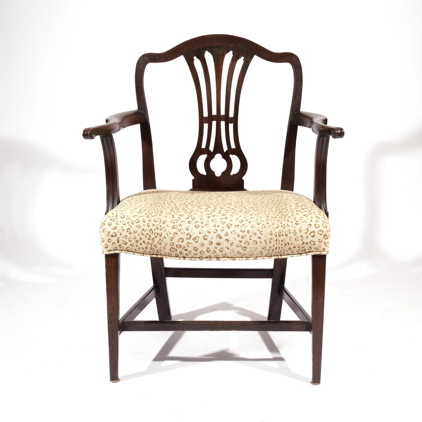ENGLISH MAHOGANY ARMCHAIR: 19th century, with pierced vasiform splat and upholstered seat h. 39 w. 29 d. 19 in. Provenance: Descent through a Greenwich, CT family