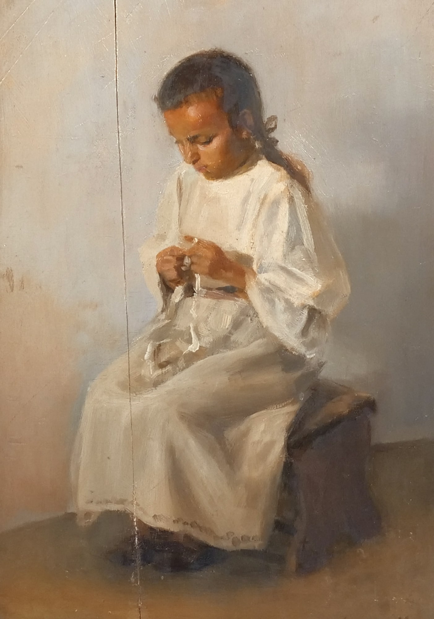 KAROLY GERSTER (Hungarian, 1859-1940): Young Girl Sitting in Chair Oil on board h. 13 w. 9-1/4 in. (canvas) Signed "Gerster, K" lower right overall: 21 x 17-1/2 in. (frame) Provenance: By descent through a Stamford, CT estate