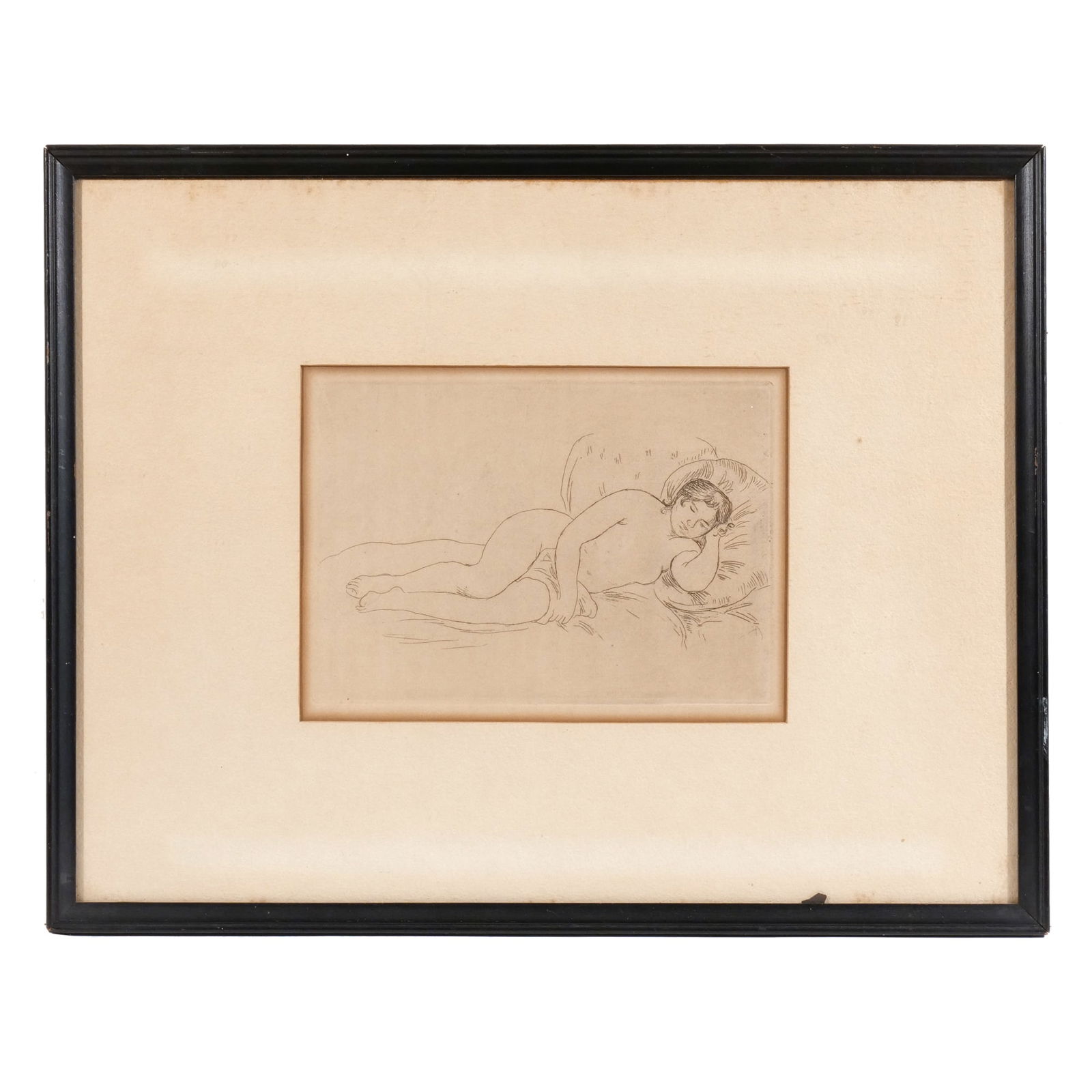 PIERRE AUGUSTE RENOIR (French, 1841-1919): Femme Nue Couchee (Tournee a Droite) Etching h. 6 w. 8-1/4 in. (sight) An etching depicting a reclining nude woman, unsigned, framed overall: 13-1/4 x 16-3/4 in. (frame)Provenance: Descended through a