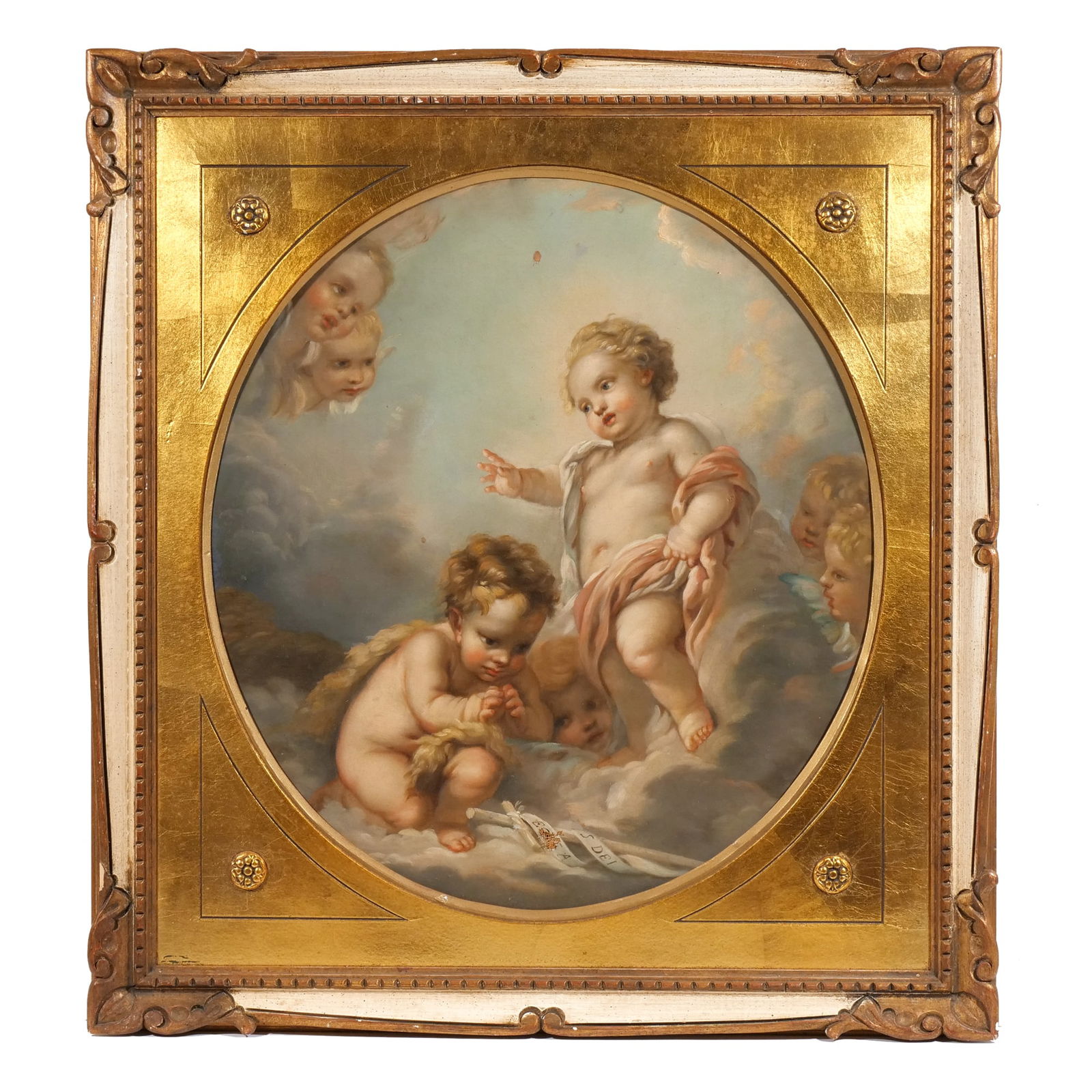 AFTER AN OLD MASTER, 19th CENTURY: Putti in clouds Oil on canvas h. 21-1/2 w. 18 in. (canvas) Signed middle lower center, in the manner of Francois Boucher (French, 1703-1770), Cherubs overall: 26 x 24 in. (frame)Provenance: Descended
