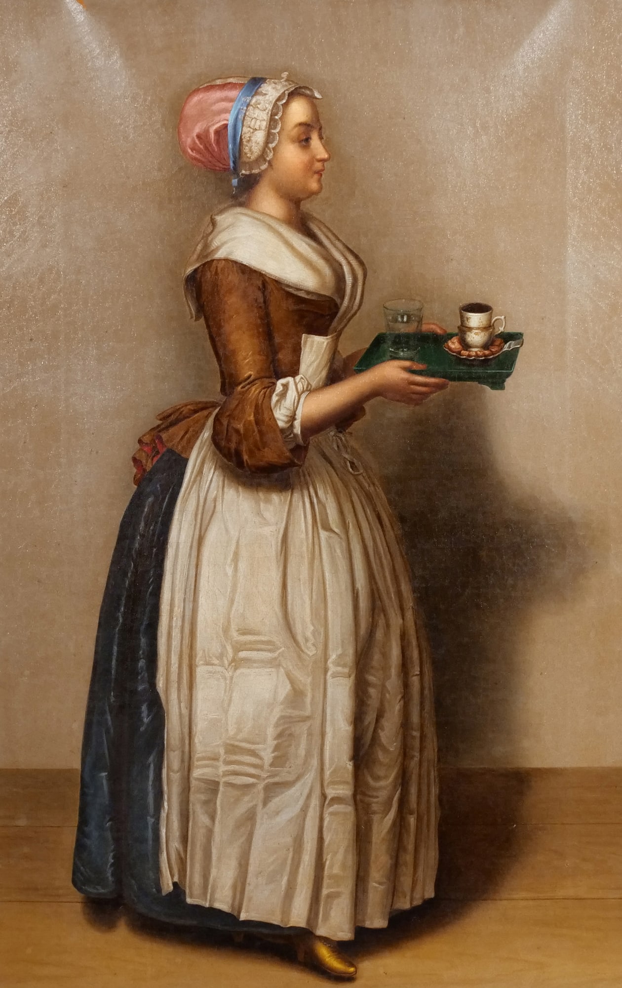 JEAN ETIENNE LIOTARD (CH. 1702-1789): La Belle Chocolatiere Oil on canvas h. 34-1/2 w. 22 in. (canvas) 19th century copy of [The Chocolate Girl] overall: 36 x 24 (frame) Provenance: By descent through a Bedford, NY family [In Situ Item] T