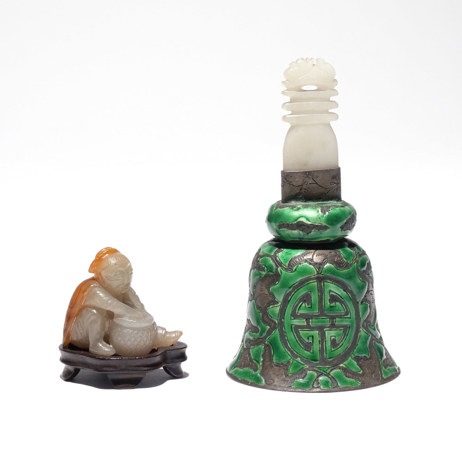 (2pc) CHINESE ENAMELED DINNER BELL & JADE FIGURE (1 of 20)
