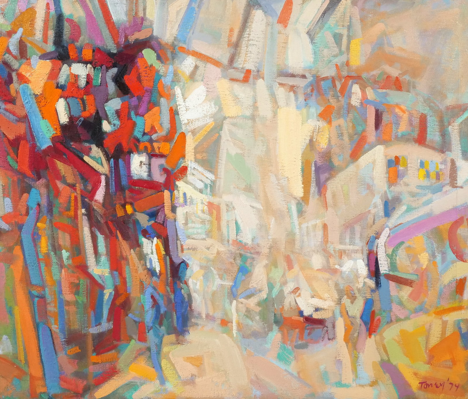 ANTONY TONEY (American, 1913-2004): Midtown Oil on canvas h. 30 w. 36 in. (sight) Signed Toney and dated '74 lower right, titled 'Midtown' and signed on verso overall: 31 x 37 in. (frame) Provenance: Private collector [In Situ Item] Thi