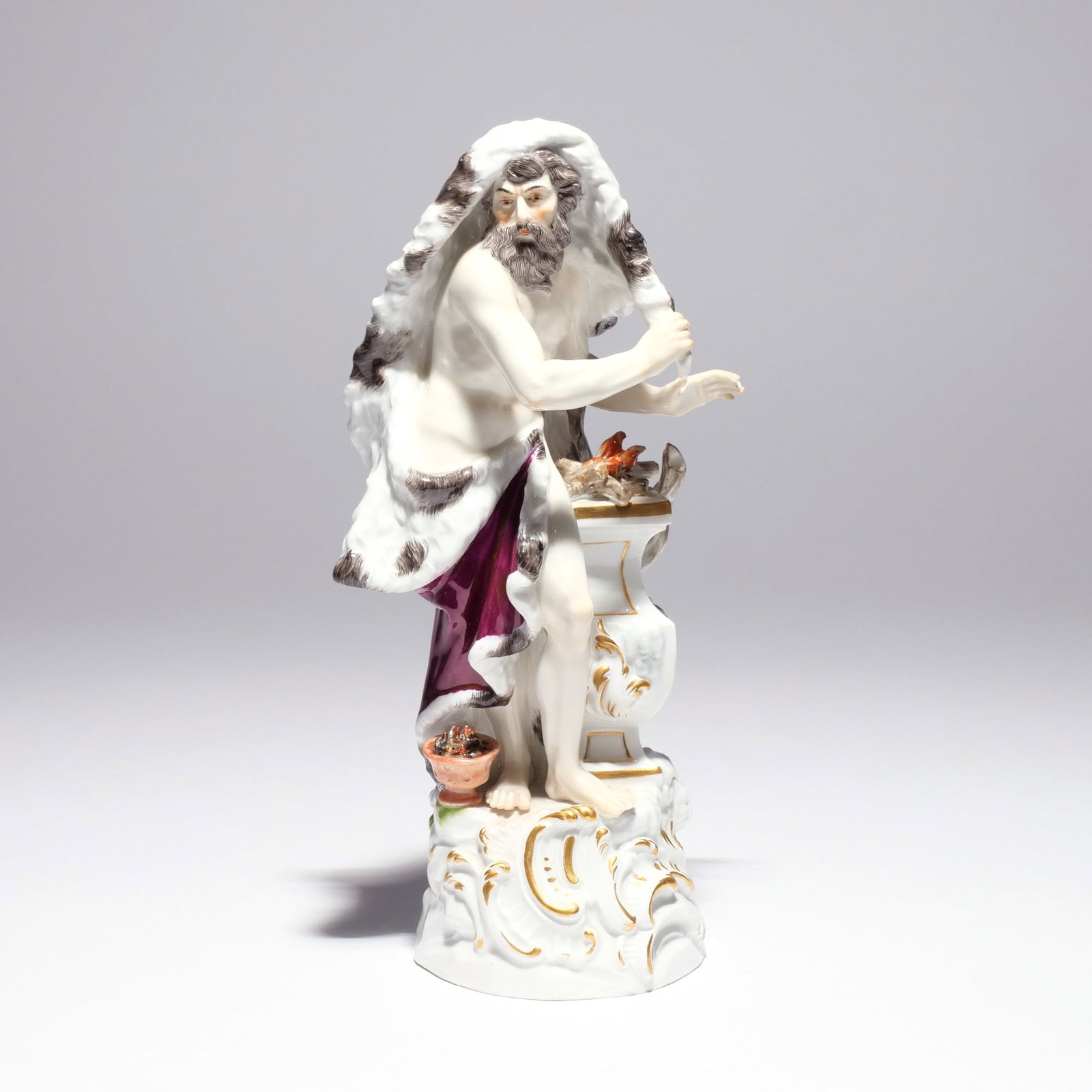 LATE 19th C. MEISSEN PORCELAIN ALLEGORY of WINTER: From the four seasons, incised # 2731, painter's mark 67, with blue underglaze cross swords mark to underside h. 9-1/4 in. (23.3cm) Provenance: Descent through the consignor's grandparents [In Situ It