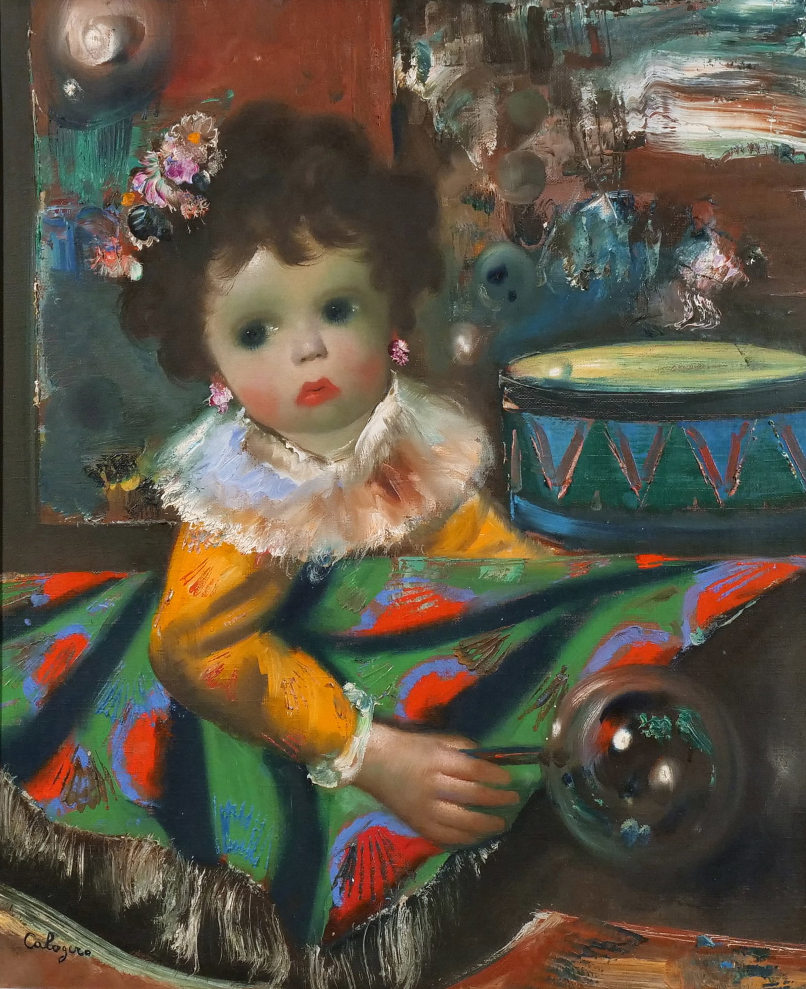 JEAN CALOGERO (Italian, 1922-2001): Young girl Oil on canvas h. 22 w. 18 in. (canvas) Signed lower left, framed overall: 28-3/4 x 25 in. (frame) Provenance: Descent through a Harrison, NY family [In Situ Item] This item will not be on d
