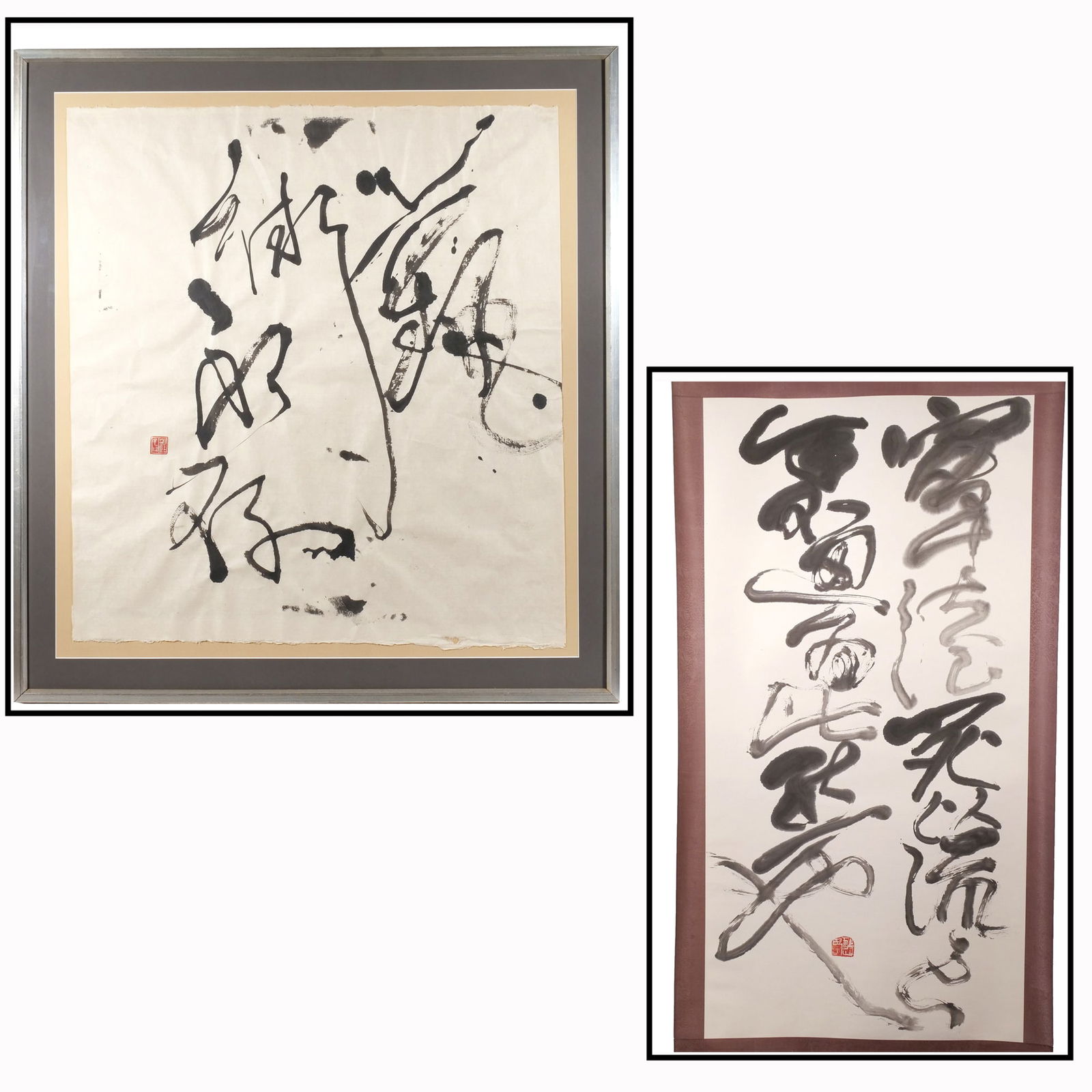 (2pc) STEFAN ARTENI (Romanian, 1947-2020): Including a calligraphy leaf, with artist's seal to lower left, framed (overall: 36-1/2 x 33-1/4 in.); and a hanging calligraphy scroll, with artist's seal to lower center (overall: 77 x 36 in.) overa