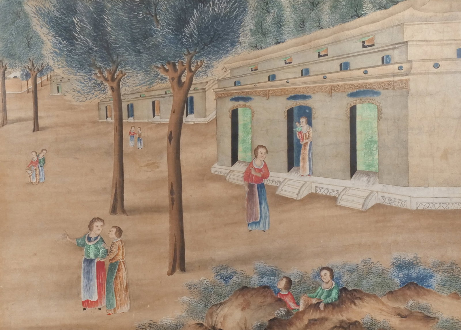 19th CENTURY CHINESE MIXED MEDIA PAINTING: Figures Engaged in Various Pursuits Mixed media on paper h. 25 w. 35-1/2 in. (sight) No apparent signature, in a painted frame overall: 29 x 39-1/4 in. (frame) Provenance: Descent through a Harrison, 