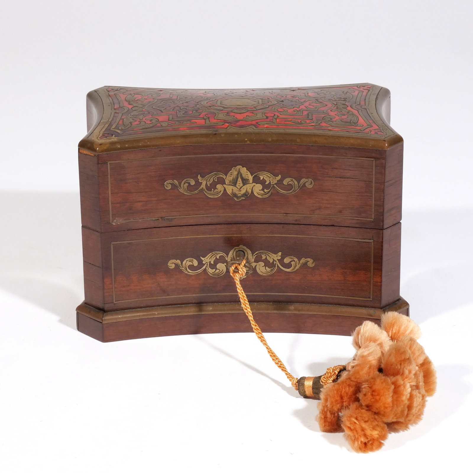 FRENCH MAHOGANY & BOULLE-INLAID VALUABLES BOX: 19th century, with lined interior h. 4 w. 6 d. 3-3/4 in. Provenance: Descended through a Greenwich, CT family