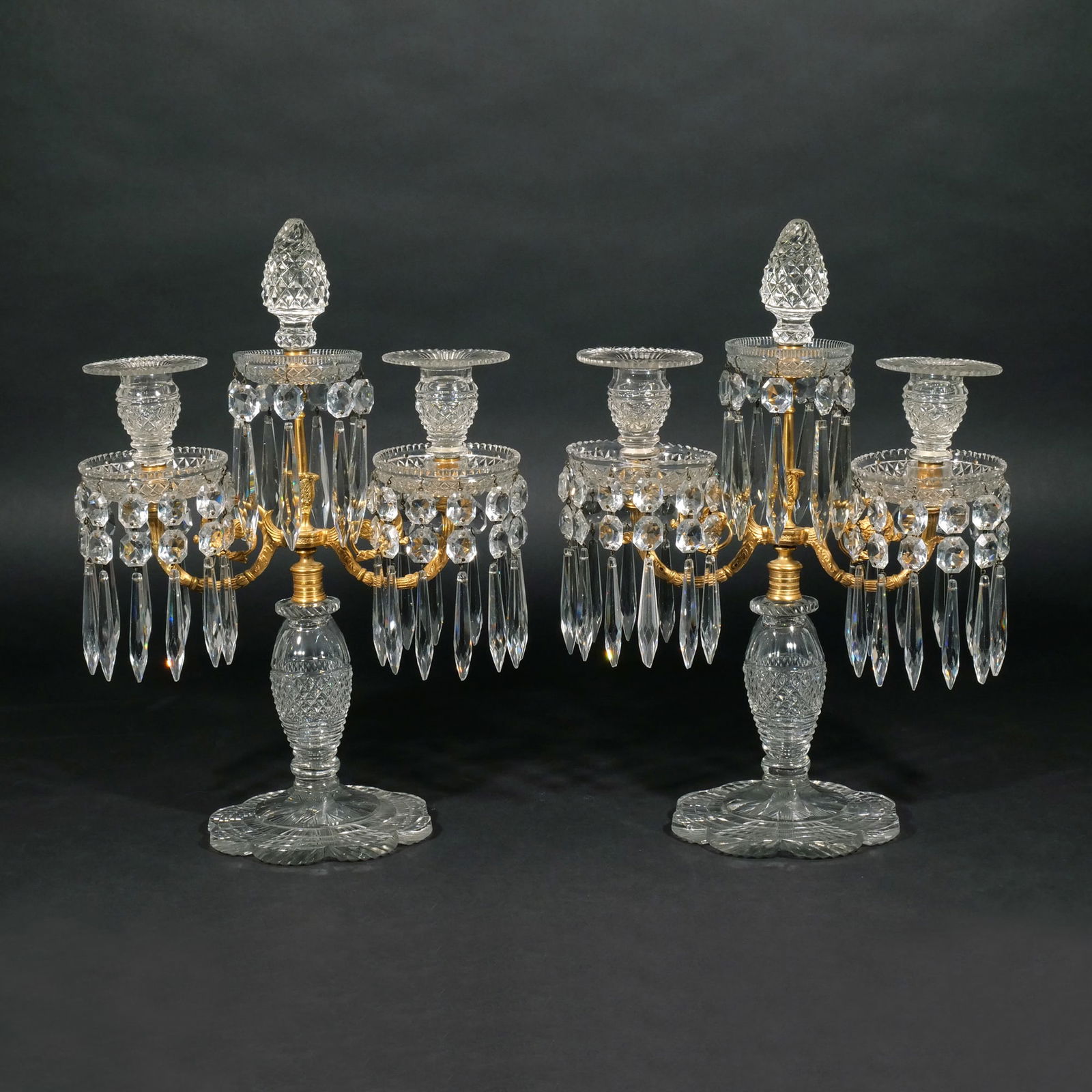 PAIR REGENCY CUT GLASS & ORMOLU CANDELABRAS (1 of 16)