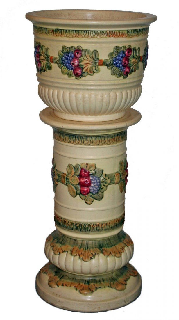 15) VINTAGE ROSEVILLE TYPE JARDINIERE & PEDESTAL,