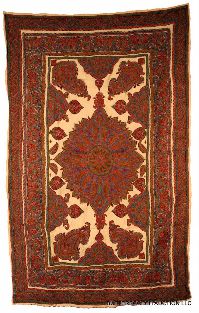 31) HAND-EMBROIDERED KIRMAN TABLE CLOTH: 31) HAND-EMBROIDERED KIRMAN TABLE CLOTH, 5'-2" X 39"