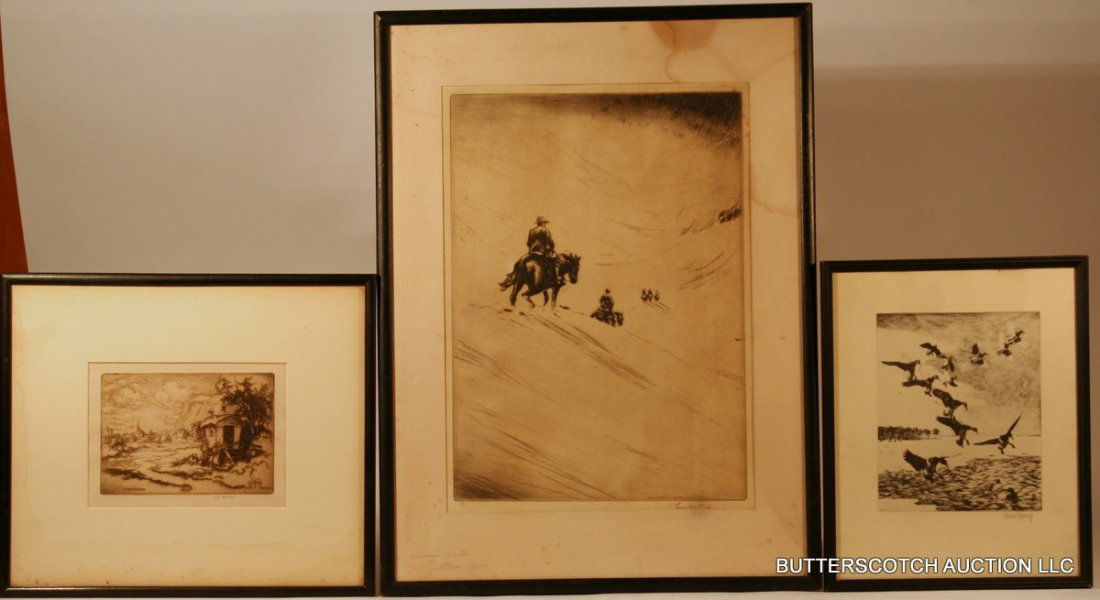 47) 3-E. 20THC. ORIGINAL AMER. ETCHINGS : LESTER HORNBY: 47) 3-E. 20THC. ORIGINAL AMER. ETCHINGS : LESTER HORNBY, "LES BOHEMIENS", 5 x 6 ¾"; ROBERT BISHOP ETCHING, WATERFOWL LIGHTING, 10 ½ x 8 ¼" (sight); LEVON WEST, 14 X 10", "CANADIAN ROCKIES, 1928"