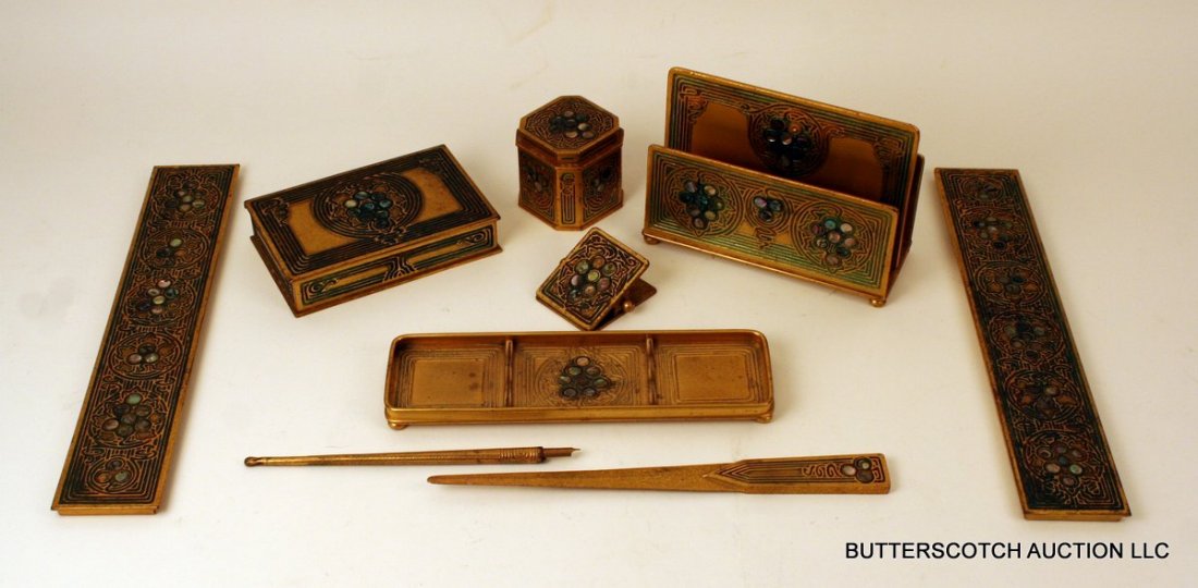 73) TIFFANY STUDIOS "ABALONE" PATTERN DESK SET: 73) TIFFANY STUDIOS "ABALONE" PATTERN DESK SET, 9 pieces total, including: inkwell, letter opener, pen tray, lidded box with liner, fountain pen, 2 blotter ends (One (1) blotter missing 3 pieces of ab