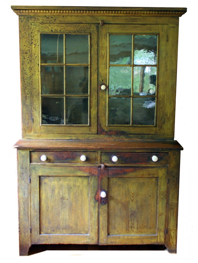 107) E. 19TH C. AMERICAN STEP-BACK PAINTED CUPBOARD: 107) E. 19TH C. AMERICAN STEP-BACK PAINTED CUPBOARD W/ GLAZED DOUBLE DOORS OVER TWO FRIEZE DRAWERS ABOVE DOUBLE CABINET DOORS; OLD PAINTED FINISH W/ REPLACED PORCELAIN PULLS, AND SOME AREAS OF FIRE DA