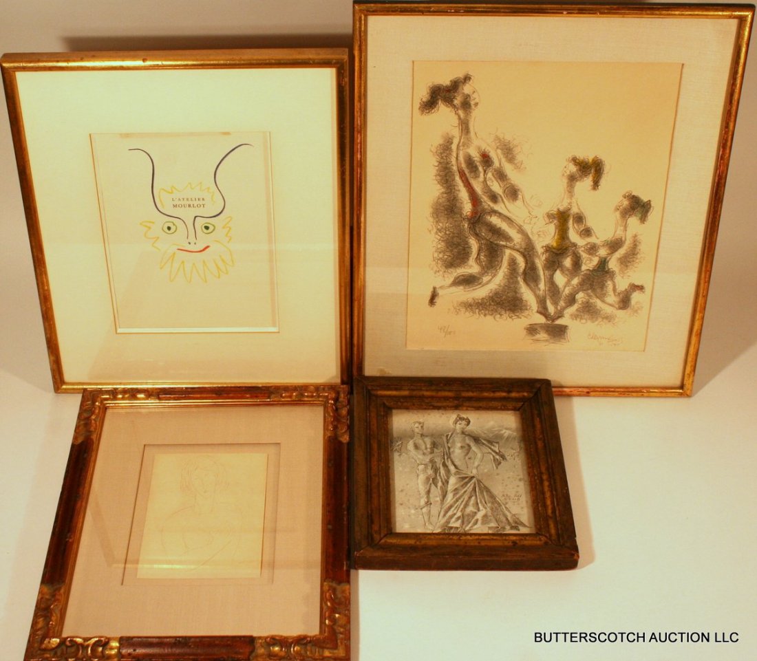 134) 4 FRAMED ITEMS: CHAIM GROSS (AMERICAN,: 134) 4 FRAMED ITEMS: CHAIM GROSS (AMERICAN, 1904-1991) ACROBATS BALANCING ON A PEDESTAL, COLORED LITHOGRAPH, SIGNED AND DATED, ED. 48/100, 13 ¾" X 11" (SIGHT); PICASSO COLORED LITHO "L'ATELIER MOURLO