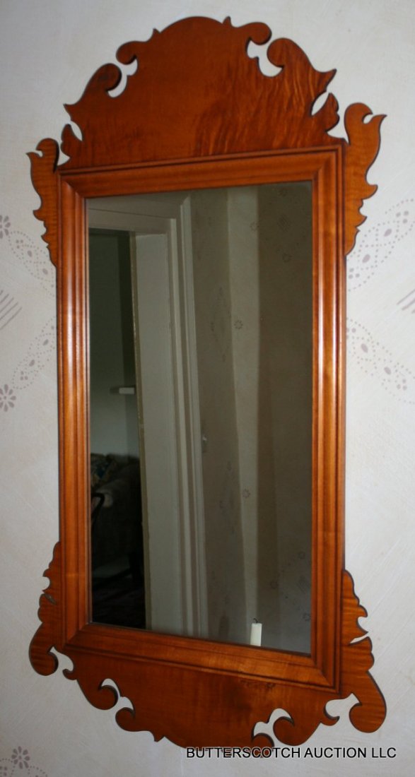 183) ELDRED WHEELER CHIPPENDALE- STYLE TIGER MAPLE: ELDRED WHEELER CHIPPENDALE- STYLE TIGER MAPLE FRETWORK MIRROR, L: 37", W: 20", LABEL ON VERSO