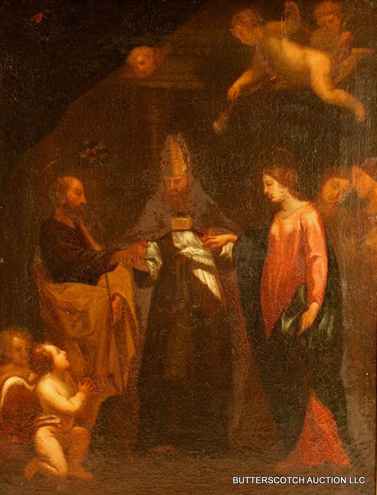207) OLD MASTER CONTINENTAL SCHOOL PAINTING, : MARRIAGE OF ST. CATHERINE, O/C, 25 X 19 1/2"