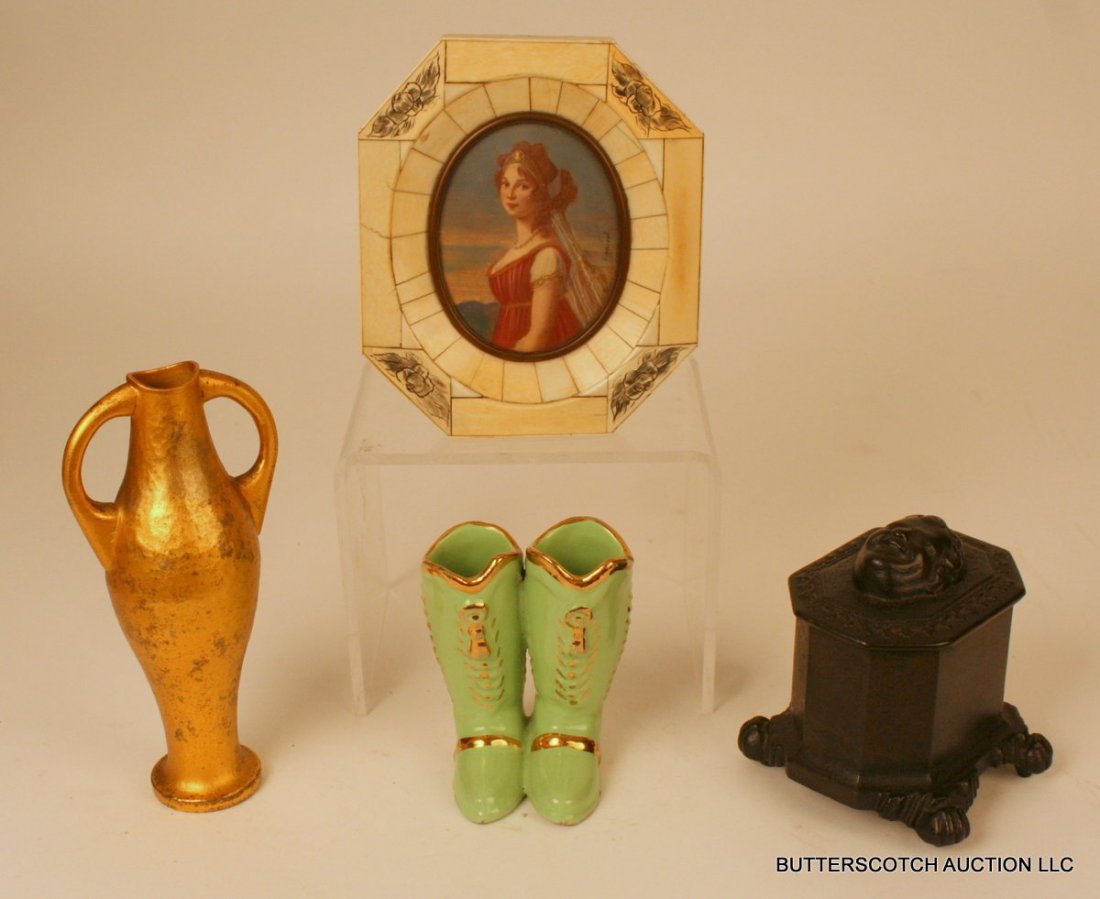 334) 4 PCS.: LALAOUNIS AMPHORA VASE, H.6 ¼";: 334) 4 PCS.: LALAOUNIS AMPHORA VASE, H.6 ¼"; MINIATURE PORTRAIT, SGD. "LANIVEL", 3 ¼" X 2 ½", W/FRAME 5 ½" X 4 ¾"; GREEN PAINTED EARTHENWARE BOOTS, H 3 ¾; CONTINENTAL SMALL RENAISSANCE-STYLE IRO