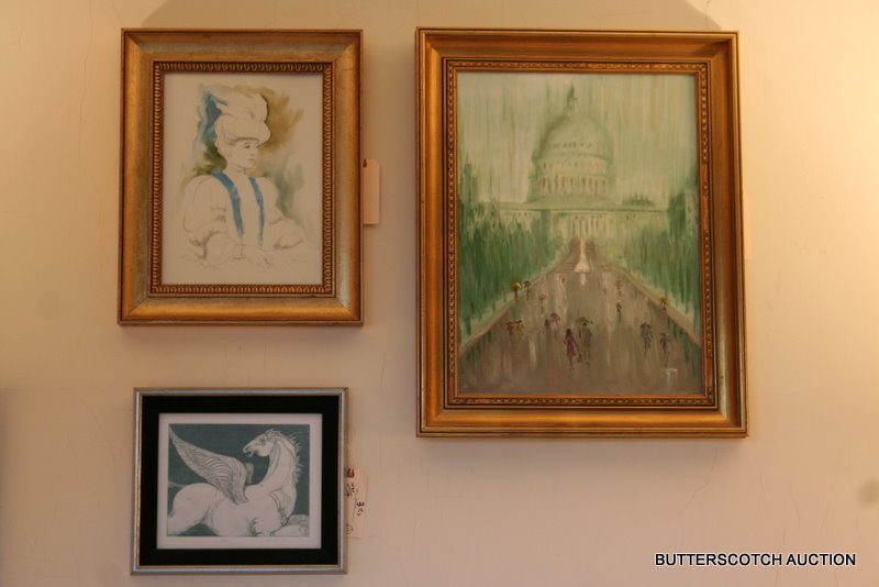 361) 3 FRAMED PIECES: ½ PORTRAIT OF A WOMAN SIGNED: ROBERT J. LEE (AMER. B. 1921) WATERCOLOR AND PENCIL ON PAPER, SIGHT: 15 ½" X 11 ½"; COLORED ETCHING "PEGASUS" BY "LARDA BERNIKER", SIGHT: 11 ½" X 9 ½";¾"; PLUS A VIEW OF THE U.S. CAPITOL BUILDING