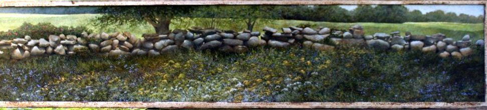 467) R. BENJAMIN JONES (1936-), LANDSCAPE WITH A: R. BENJAMIN JONES (1936-), LANDSCAPE WITH A STONEWALL, acrylic on board, sgd. lower right, approx. 12" x 60".