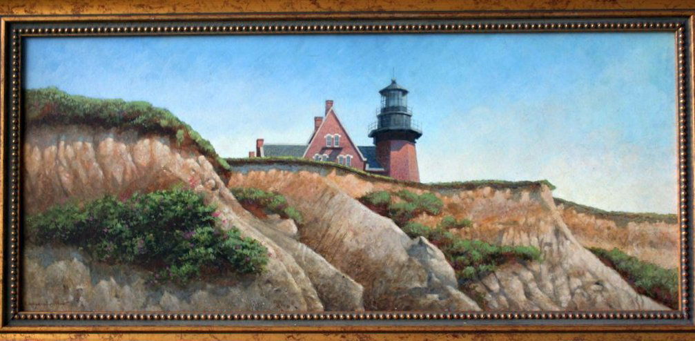 479) R. BENJAMIN JONES, LIGHT HOUSE BLOCK ISLAND: 22 1/2" X 9 1/2", SGD. LR