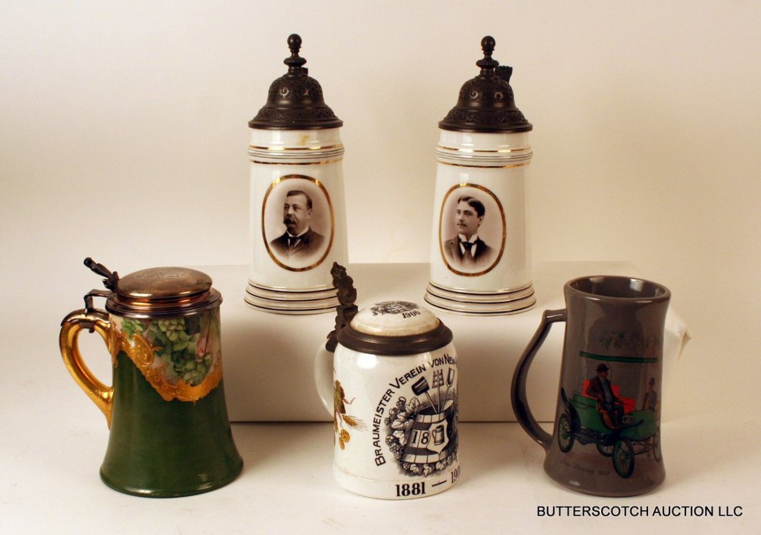 488) 5 DRINKING VESSELS: 488) 5 DRINKING VESSELS: 1 commemorative Mettlach stein with maple leaves & pine cones (H: 5 1/2", w/ chip on base), 1 Belleek stein with sterling silver lid & raised gilt overlay, "Sound Health, Good