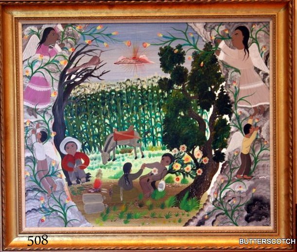 508) FELIX JIMENEZ CHINO... OIL ON MASONITE, GARDEN: SCENE W/ ANGELS, CORNFIELD, ETC. 30" X 36"