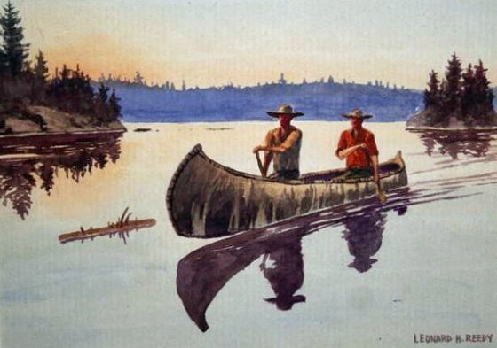 585) LEONARD HOWARD REEDY (AMER. 1899-1956),: 585) LEONARD HOWARD REEDY (AMER. 1899-1956), TWO MEN IN A CANOE, WATEROLOR ON PAPER, SGD. L/R, APPROX. 8" X 11"