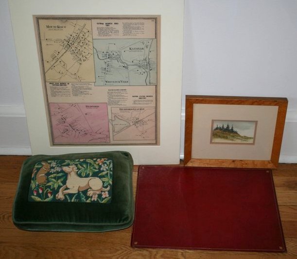 602) MISC. 4 PIECE LOT: LEATHER DESK BLOTTER EX ESTATE: MISC. 4 PIECE LOT: LEATHER DESK BLOTTER EX ESTATE OF DUKE OF WINDSOR, SMALL NEEDLEPOINT PILLOW, SMALL WATERCOLOR OF TREES IN A BIRDSEYE-MAPLE FRAME, AND A MAP OF BEDFORD AND SURROUNDING AREA.