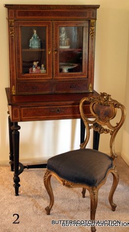 622) BONHEUR DU JOUR IN ROSEWOOD & BURL WALNUT & LINE I: INLAY W/ORMOLU MOUNTS, PULL OUT SECTY UNIT W/INSET GREEN WRITING SURFACE, D. 20 ½", W. 29", H. 57" PLUS GILT ROCOCO LADY'S BOUDOIR CHAIR W/ PAINTED CARTOUCHE