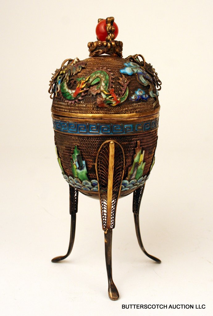 19TH C. SILVER CHINESE CUP ON STAND W: CHAMPLEVE ENAMELING AND AGATE FINIAL, MOUNTED SINUOUS DRAGONS ON LID CRESTED BY AGATE BALL FINIAL, ON TRIPOD FILIGREE WORK ON LEGS, H. 7", MKD. SILVER