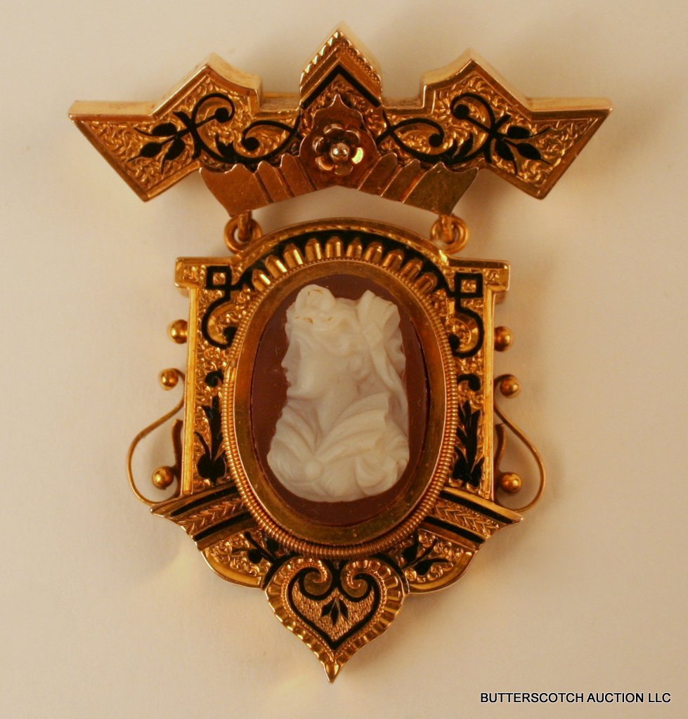 14KYG VICTORIAN PENDANT BROOCH W/ENAMELING: & CARNELIAN CVG., TOT. WGT. 17 GMS.