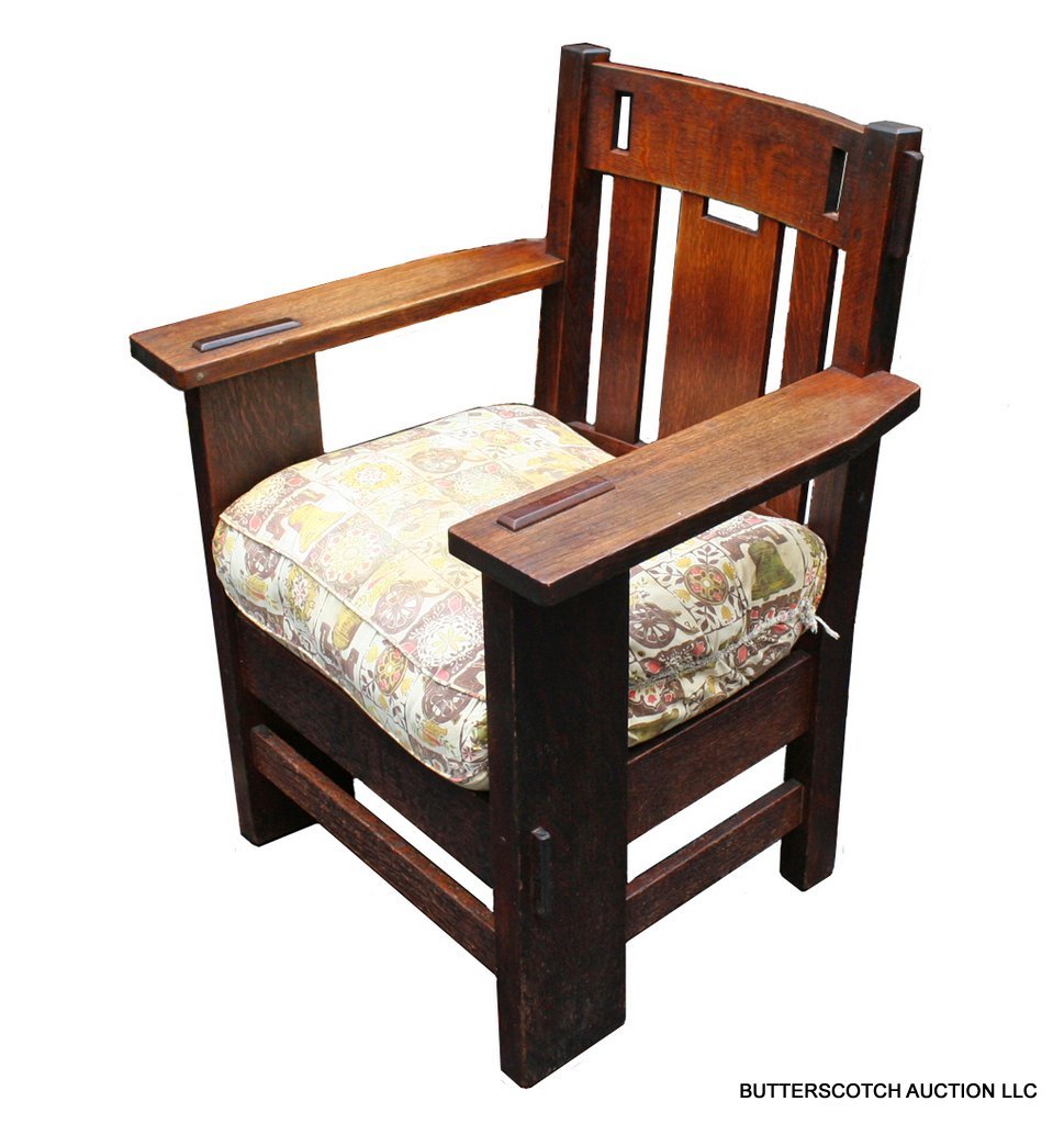98A) CHARLES STICKLEY HEAVY ARMCHAIR: with pierced splat and mortised plank legs and arms. With label, missing the drop-in seat. 36 1/2" x 29 1/2" x 23"