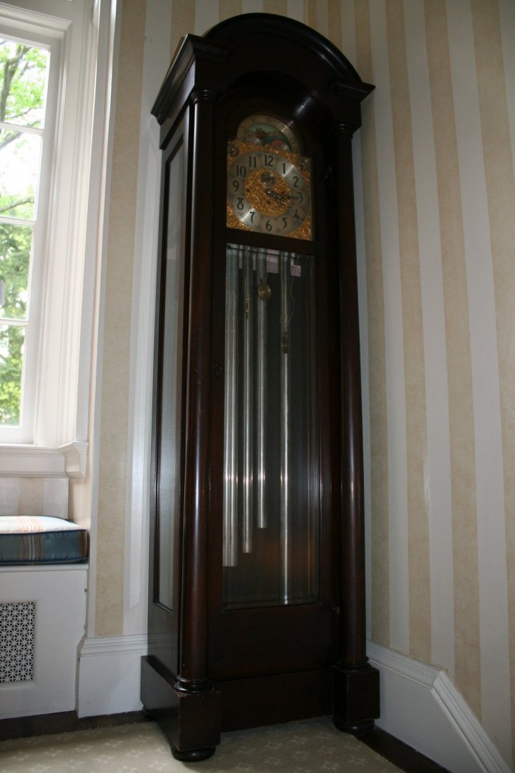 HERSCHEDE CLOCK CO. GRANDFATHER CLOCK W/CHIMES: H. 80", W. 24", D. 17", W/WEIGHTS & PEDULUM