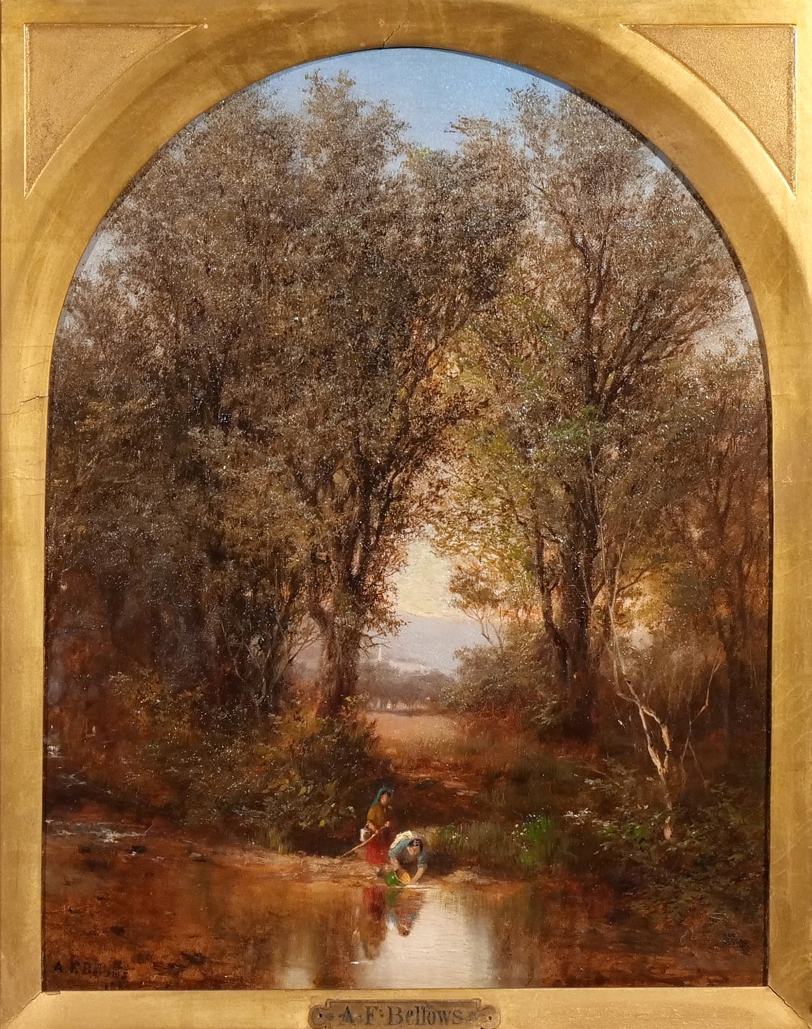 ALBERT FITCH BELLOWS (American, 1829-1883): Two Women Along the Bank of River Oil on canvas h. 15 w. 11-1/4 in. Circa 1860s, signed and dated (186?) lower left overall: 23-1/2 x 20 in. (frame) Provenance: Sold at Bonhams, California, 2004; With