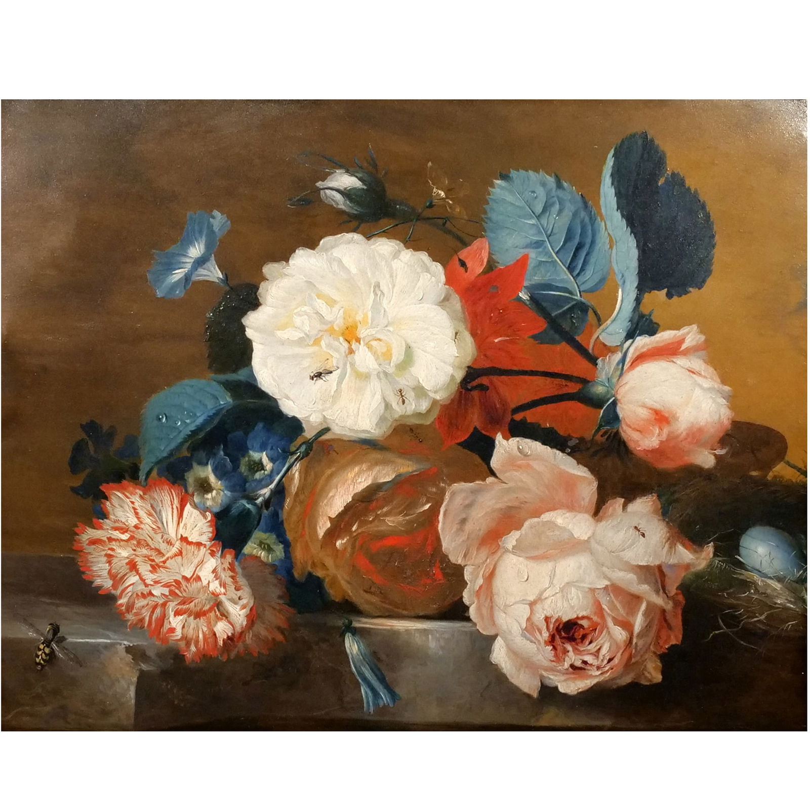 SCHOOL OF JAN VAN HUYSUM (Dutch, 1682-1749): Still life with carnations Oil on copper h. 9 w. 11-1/2 in. (copper) Still life with carnations, a bird's nest, and other flowers and insects on a marble ledge, with faint inscription in upper left co