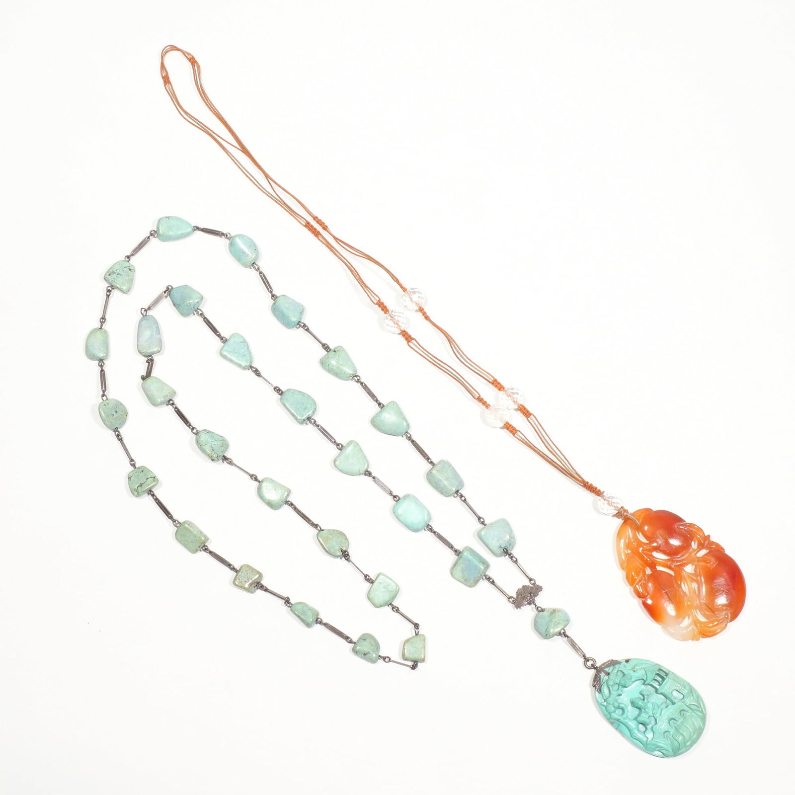 (2pc) CHINESE TURQUOISE & CARNELIAN PENDANTS (1 of 8)