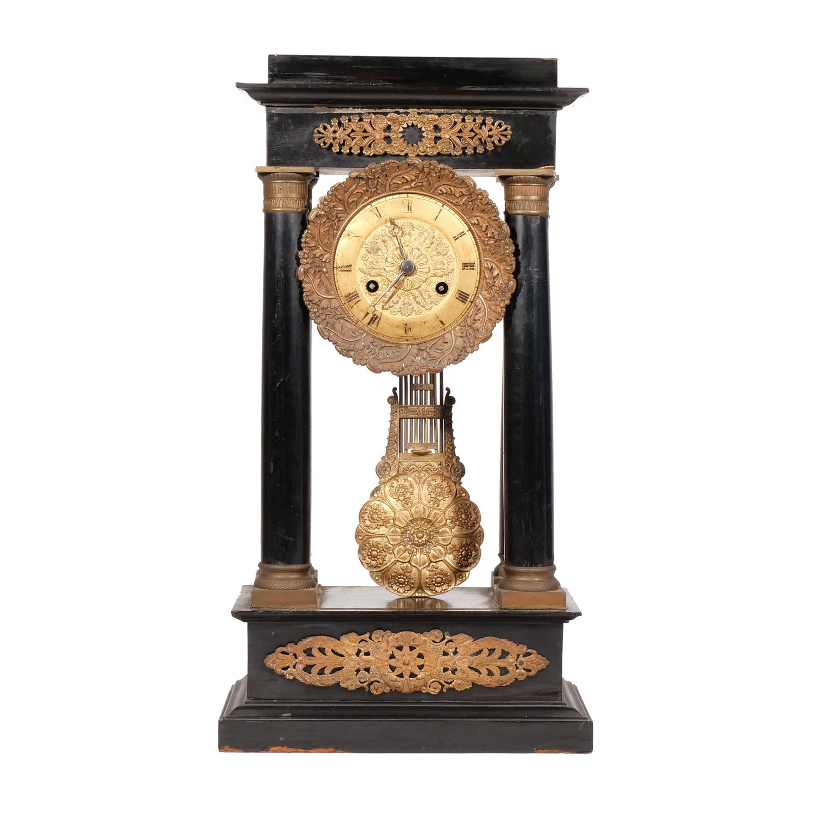 FRENCH EMPIRE EBONIZED & GILT BRASS MANTEL CLOCK (1 of 9)