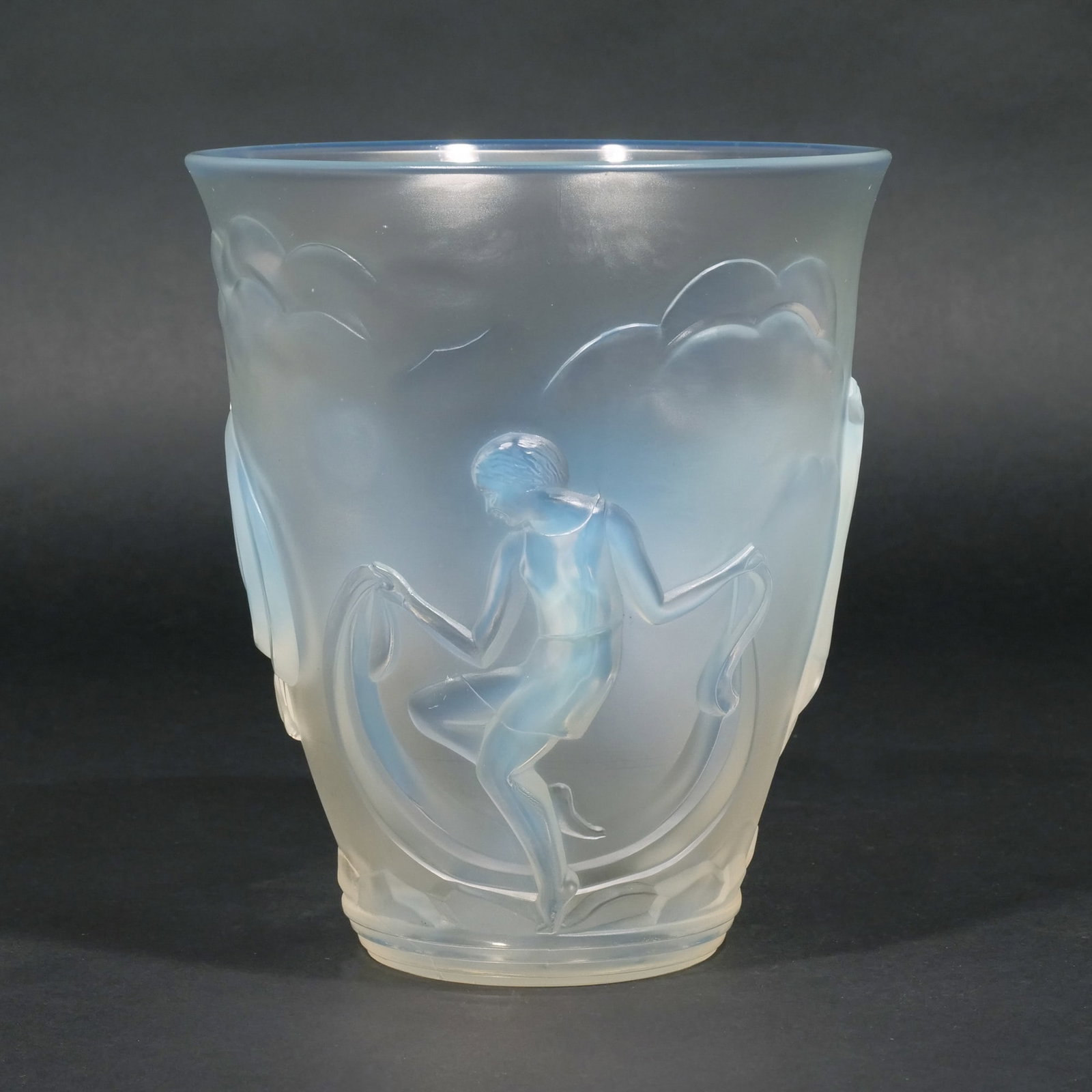 VERLYS OPALESCENT GLASS VASE: Circa 1930s, with dancer design h. 8 w. 7 in. Provenance: Descended through a Scarsdale, NY estate