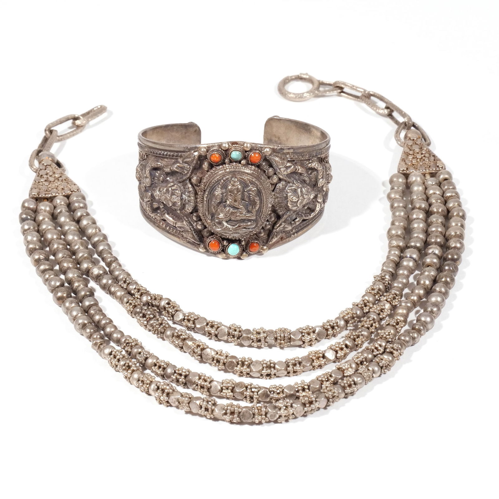 (2pc) SILVER BEADED NECKLACE AND CUFF BRACELET (1 of 8)