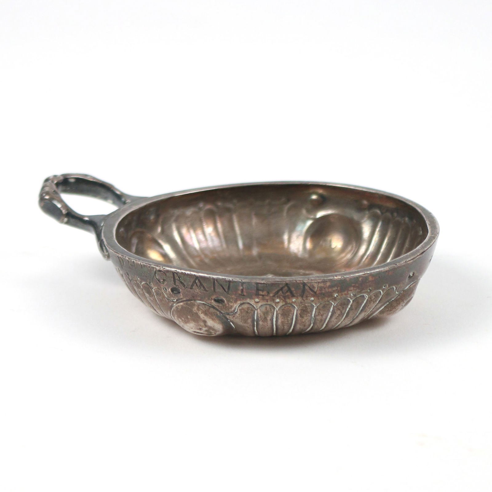 EARLY FRENCH SILVER SOMMELIER'S WINE: Taster, 18th century, the wine taster incised 'P H GRANIEAN" on outside rim; with 1797 census marks for provinces, P with crown possibly Dijon 1775; 4-3/8 in over handle; 2.8 ozt